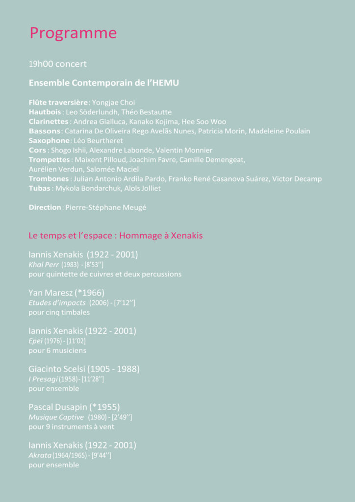 Programme du concert "Hommage à Xenakis", dirigé par P. S. Meugé, à l'HEMU