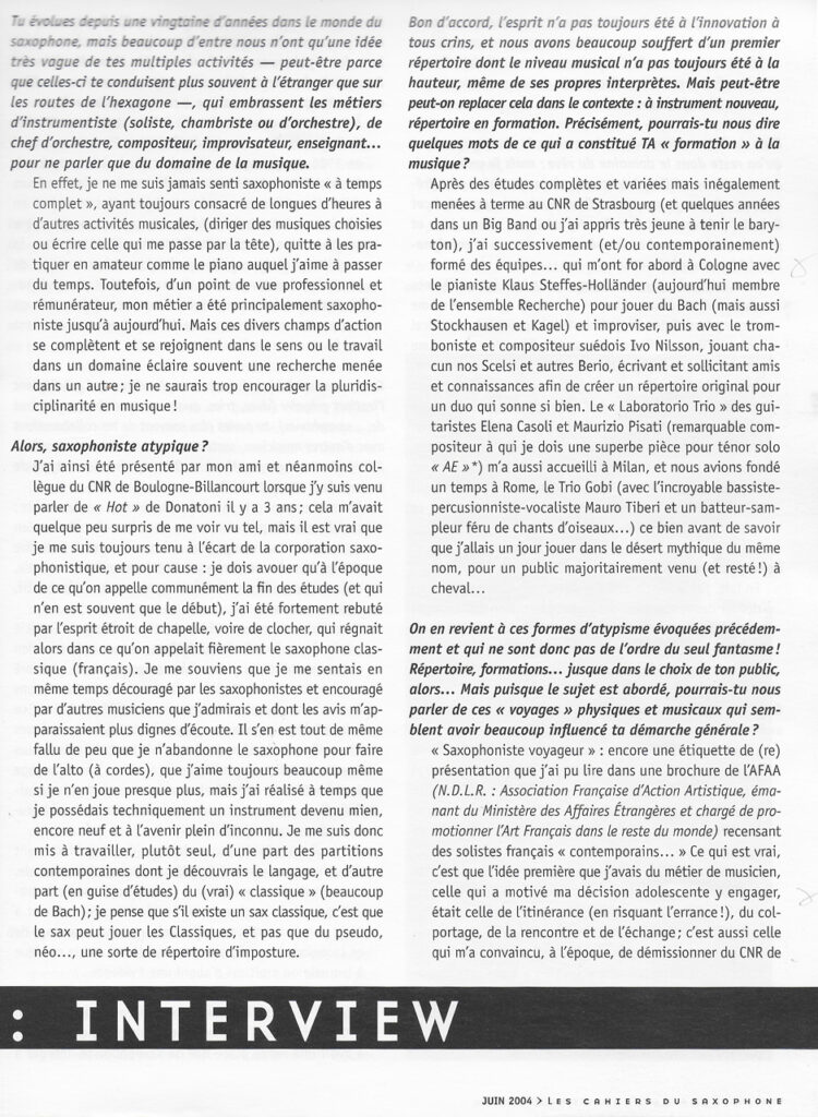 Interview Portrait de P.S. Meugé dans la revue A-Sax, n°14, juin 2004